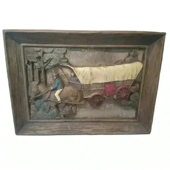 Vintage 3D Faux Wood Carved Syroco Inc Horse Buggy Wall Hanging Retro Décor - Picture 1 of 6